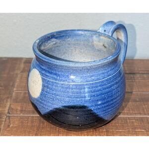Vintage 1988 Signed Studio Pottery Mountain Moon Motif Round Coffee Mug Blue